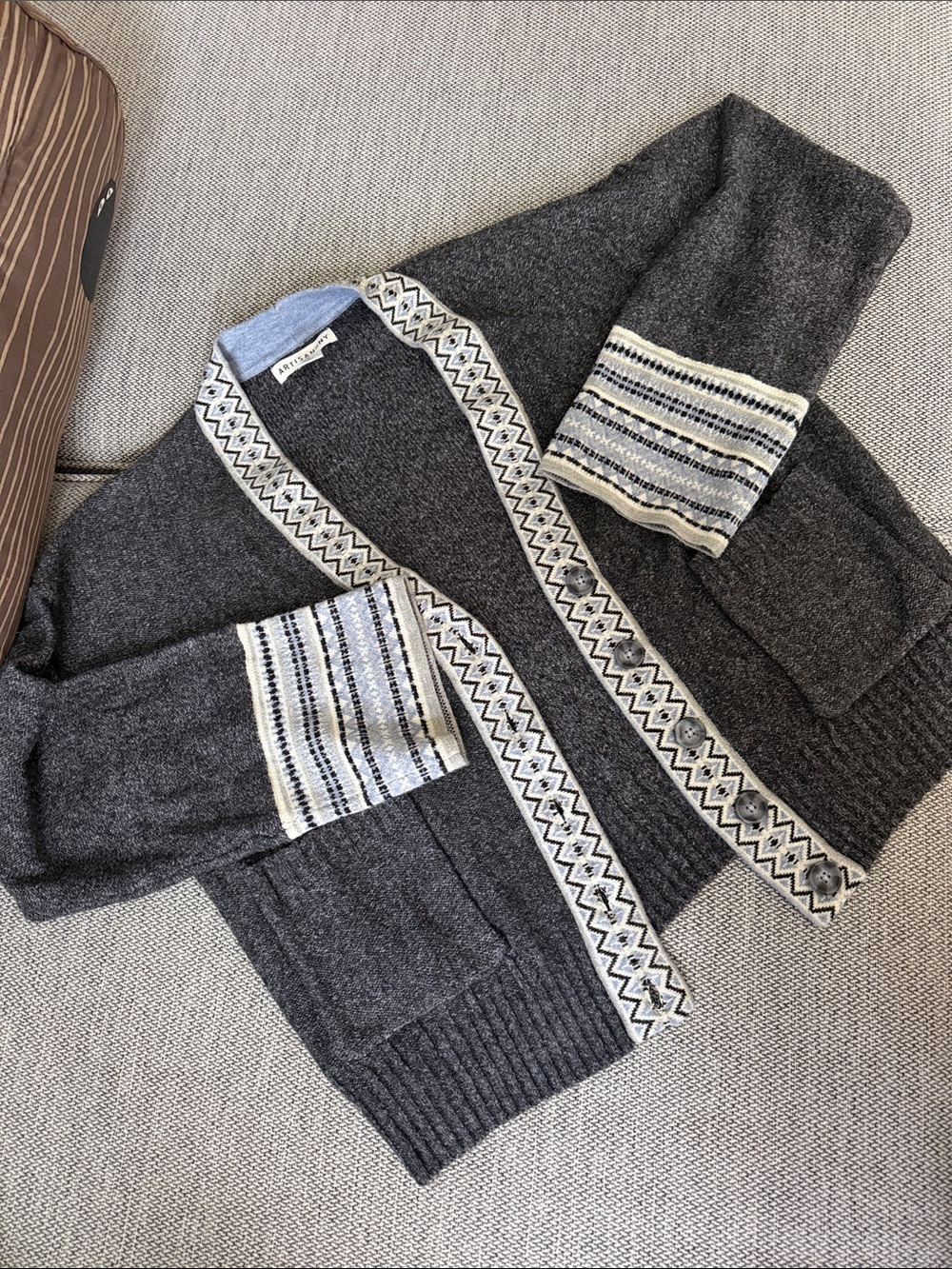 Women's Dark Gray Pattern Trim Cardigan Sweater, XL, Artisan NY